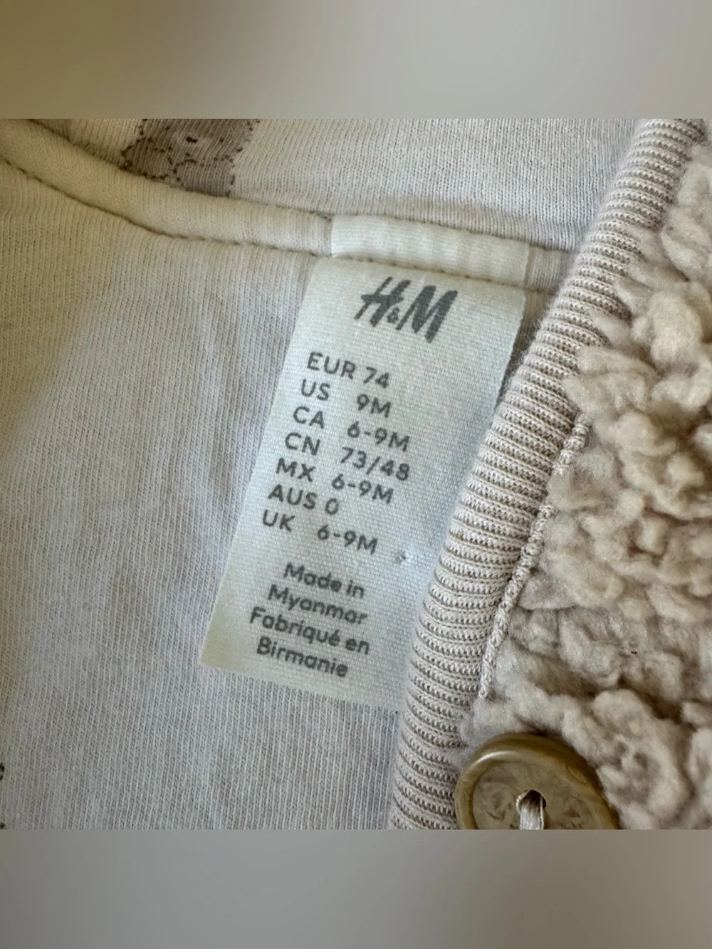 H&M Neutral Cream Beige Sherpa Baby Jacket Fleece Teddy Bear Ears Baby Boy 9M